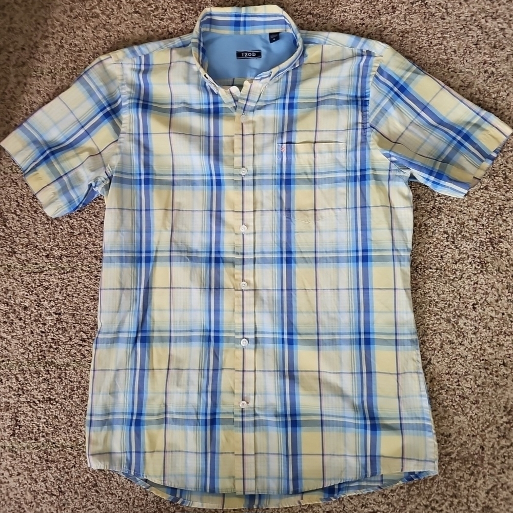 Izod Men's Casual Plaid Shirt in Blue and Yellow